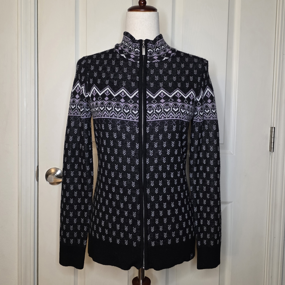 Neve Black & Purple Faire Isle Merino Blend Full Zip Mockneck Sweater